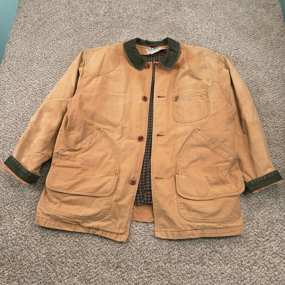VTG LL Bean Field Coat Mens L Canvas Chore Barn Flannel Lined Tan USA 70s/80s